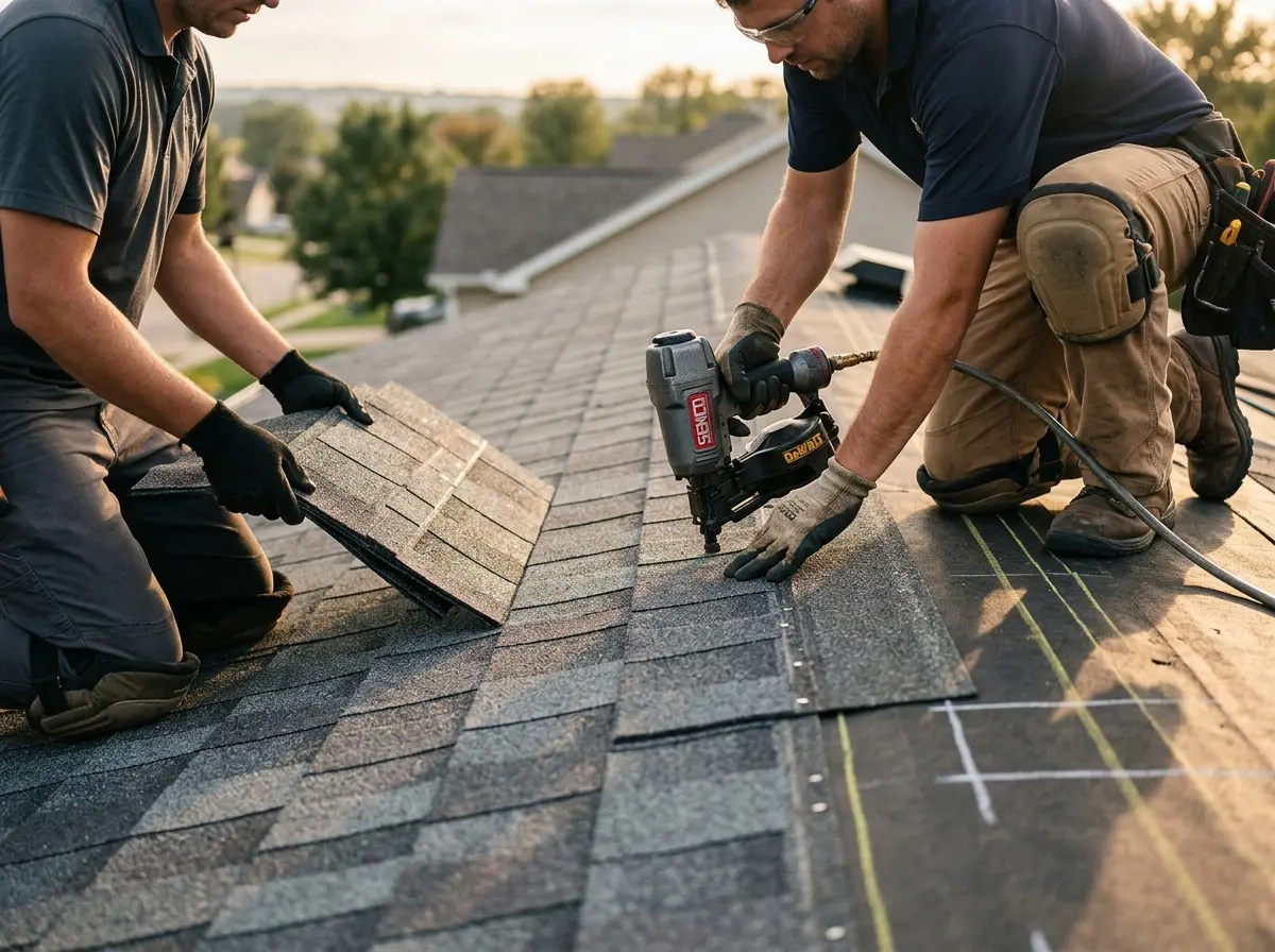 Professional roofer working on a residential roof in Upper Leacock